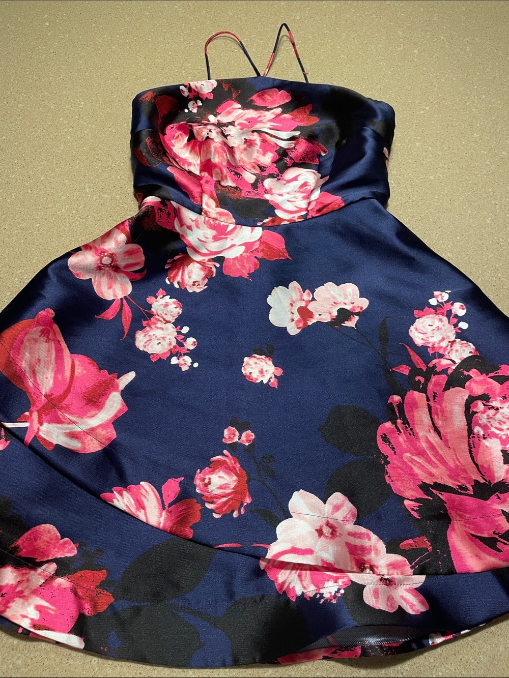 by & by Navy Mini Homecoming or Wedding Guest Dress with Pink Floral Print